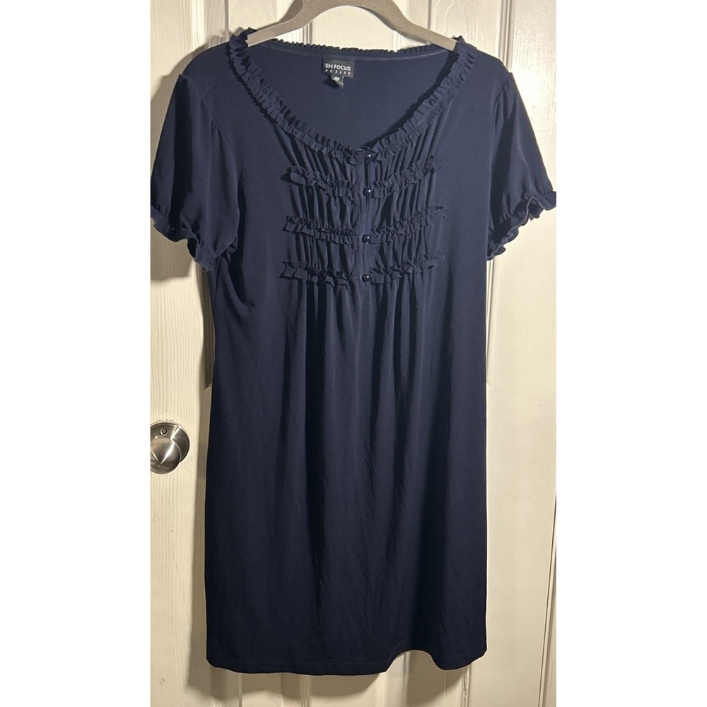 En Focus Petite Navy Polyester Blend Knit Ruffle Cocktail Party Dress 6P